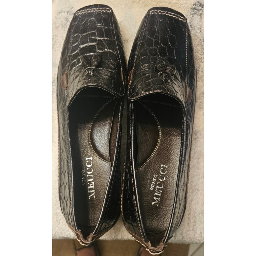 Sesto Meucci Womans Black Croc Embossed Leather Shoes Flat Loafers Comfy Sz 11